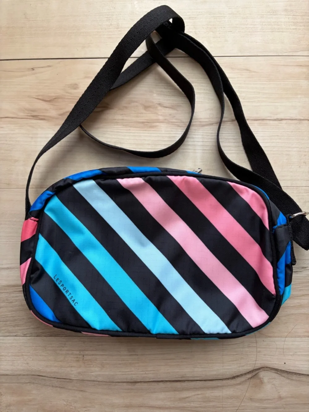 LeSportsac Black with Pink and Blue Diagonal Stripe Crossbody Bag